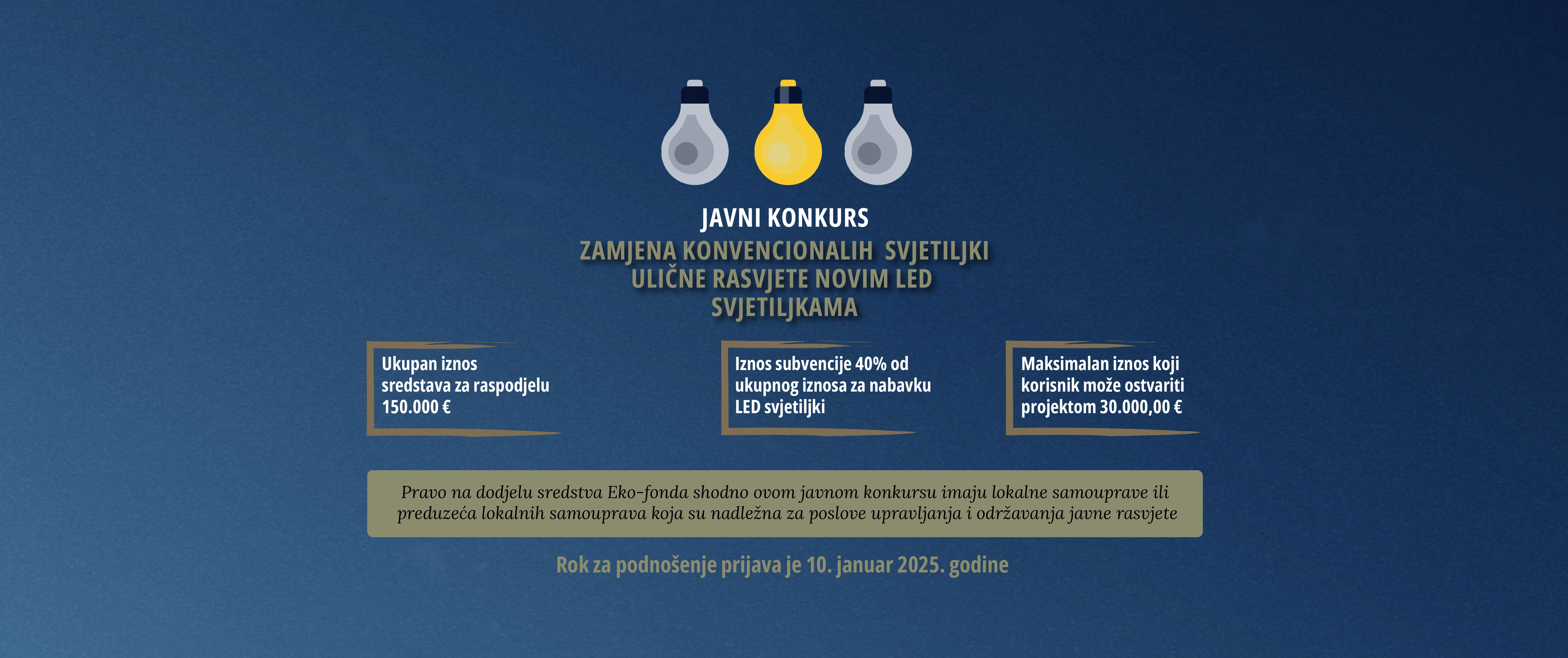 Javni konkurs za dodjelu subvencija za realizaciju projekta energetske efikasnosti u javnoj rasvjeti „zamjena konvencionalih svjetiljki (sijalica) ulične rasvjete novim led svjetiljkama“