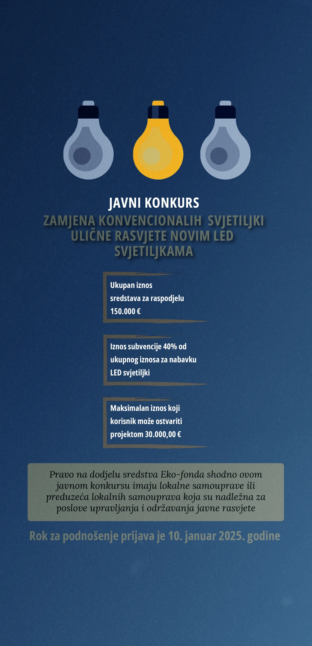 Javni konkurs za dodjelu subvencija za realizaciju projekta energetske efikasnosti u javnoj rasvjeti „zamjena konvencionalih svjetiljki (sijalica) ulične rasvjete novim led svjetiljkama“